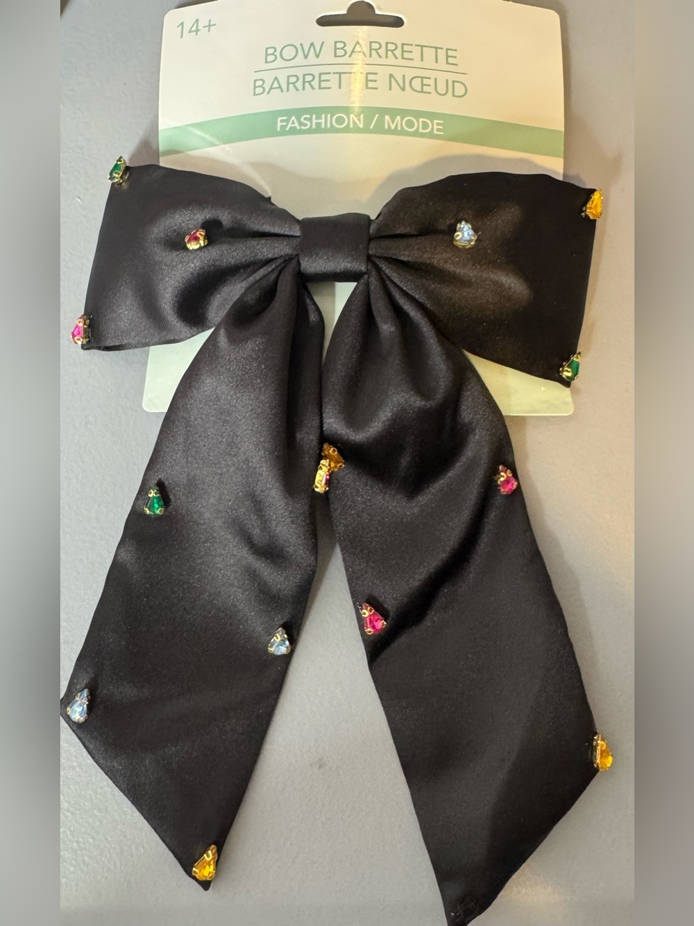 Fashion Black satin Bow Barrette with Multicolor Gem rhinestone Accents girly
